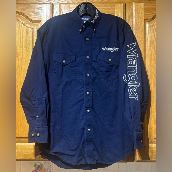 Vintage Y2K Wrangler Spell Out Cowboy Western Shirt Men's Small EUC Navy Blue - Picture 1 of 6